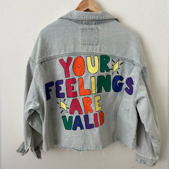 *RARE Hand Painted “Your Feelings Are Valid” Cropped Denim Jacket - Picture 1 of 4